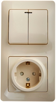 Блок: розетка с заземлением со шторками + выключатель двухклавишный с подсветкой бежевый (GSL000275) Шнейдер Электрик