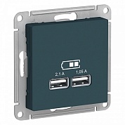 Розетка ATLASDESIGN USB 5В 1 порт x 2,1 А 2 порта х 1,05 А механизм изумруд (ATN000833) Шнейдер Электрик